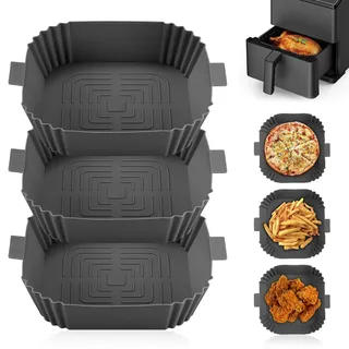 3 Packungen Silikonform Heißluftfritteuse - Airfryer Silikonform, 19,5×19,5×5 cm, Fassungsvermögen pro Stück 1.6 L, Wiederverwendbare Airfryer Backform, für Heißluftfritteusen, Backöfen, Mikrowellen