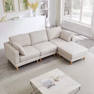 Redom Ecksofa 235/152/78 cm mit Hocker und flexibel montierbarer Chaiselongue, skandinavisches Design, Beige , Kunststoff , 235x152 cm , Wohnzimmer, Sofas & Couches, Wohnlandschaften, Ecksofas