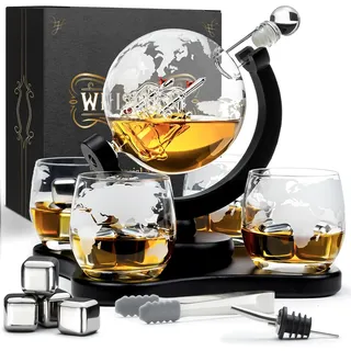 WHISISKEY Whiskey Karaffe Set - Whiskey Geschenkset - Geschenke für Männer - Männergeschenke Geschenk - Geburtstagsgeschenk Mann - Globus Dekanter 900ML, Geschenkbox, 4 Whisky Gläser, 4 Whisky Steine