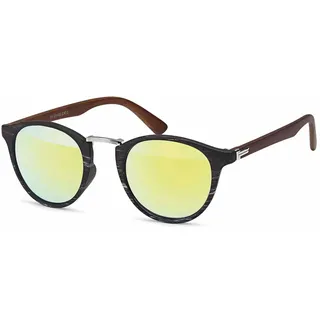 Stylebreaker Sonnenbrille Panto Holzoptik Runde Retro Brille UV400" 1 Stk., gestell schwarz, silber, glas gelb verspiegelt