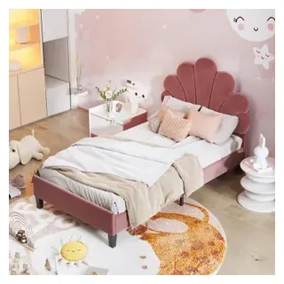 Fortuna Lai Polsterbett 90x200cm mit höhenverstellbarem Kopfteil und Lattenrost, Blumenform-Kopfteil Einzelbett Kinderbett für Kinder und Erwachsene - Rot