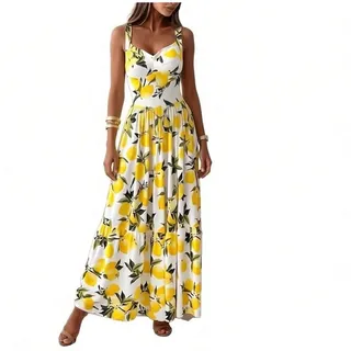 YRSHENG Damen Sommerkleid maxikleid mit Zitronen Print Lang Spaghetti-Träger Ärmellos Kleid Gesmokter Rücken A-Linie Strandkleid,XL