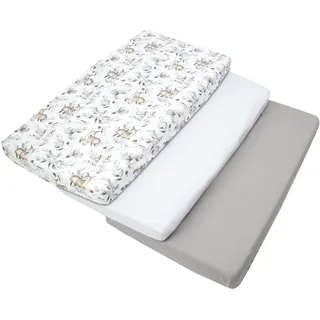 Medi Partners Spannbettlaken 60x120 3-Pack Baby Bettlaken Kinderbett Spannbetttuch 100% Baumwolle - Fitted Kinder Sheet Bettwäsche Babymatratze Schlafsack Babybett (Hirsch in den Blättern-Weiß-Graue)