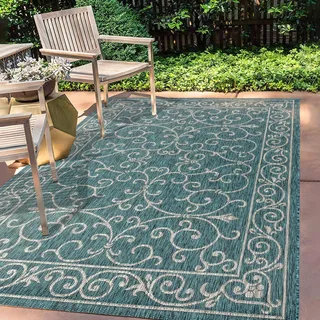 JONATHAN Y SMB106F-8 Charleston Vintage Filigrangewebe Teppich für den Innen- und Außenbereich, leicht zu reinigen, Schlafzimmer, Küche, Garten, Terrasse, Nicht fusselnd, 240 cm x 300 cm, Petrol/Grau