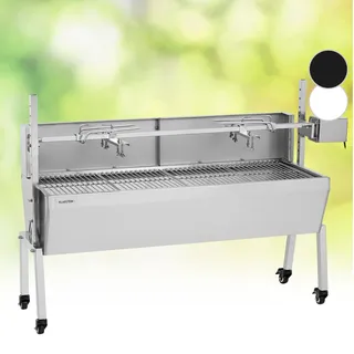 Klarstein 2-in-1 Rotisserie Grill mit Motor, Grill mit Drehspieß & Windschutz, Großer Spießgrill für Hähnchen & Spanferkel, Grill mit Motor, Spieß Grill mit Edelstahl-Rost, Holzkohlegrill mit Rollen - Silber