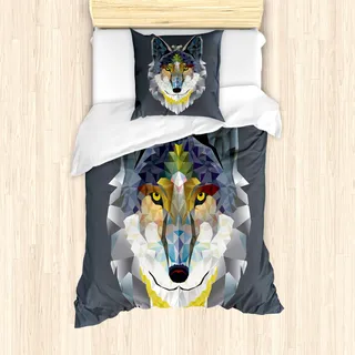 ABAKUHAUS Tier Bettbezug Set für Einzelbetten, Wolf Kojote Porträt Art, Milbensicher Allergiker geeignet mit Kissenbezug, Mehrfarbig