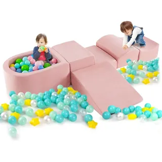 FANTASK 5 TLG. Kinder Softplay-Set, Schaumstoffbausteine mit Bällebad, Riesenbausteine zum Toben und Klettern, Schaumstoff Bausteine für Spielzimmer, Kinderzimmer (Rosa)