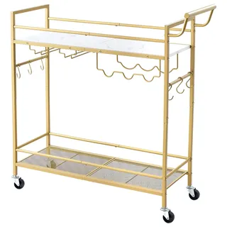 SucceBuy Barwagen mit 3 Ebenen, Servierwagen mit Glashalter, Weinregal, Griff und Haken, Rollwagen für Wohnzimmer, Esszimmer und Küche, Küchenwagen in Gold, 860 x 300 x 830 mm