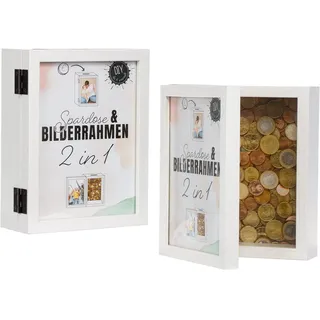 Brandsseller 2 in 1 Bilderrahmen Spardose 19 x 14,6 x 5,5 cm Aufklappbar | Doppel Fotorahmen Holzoptik Weiß