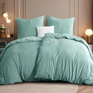 RUIKASI Flanell Bettwäsche 135 x 200 4teilig Hellgrün - Warm Winter Bettwäsche Kuschel Plüsch Fleece Bettbezug Sets mit 2 Kissenbezüge 80x80cm