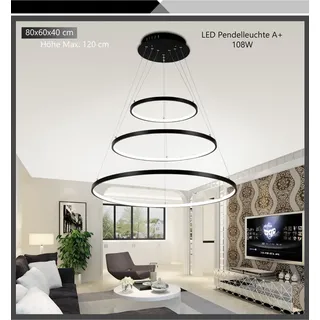 LED Pendelleuchte 2130-3black 40*60*80cm 3 Ringe mit Fernbedienung Lichtfarbe und Helligkeit einstellbar dimmbar Pendellampe Hängelleuchte - Schwarz