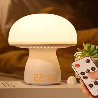 LED Nachttischlampe mit Uhr, Pilz Lampe LED Dimmbare mit Timer & Speicher Funktion, USB Kabellos Nachttischlampe Ohne Kabel, Pilzlampe Nachtlicht, Niedlich Deko Tischlampe For Wohnzimmer Schlafzimmer