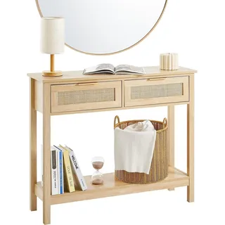 Rattan-Konsolentisch mit 2 Schubladen Rattan-Schiebetür Natur - Beige