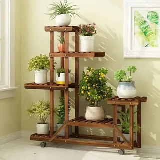 Pflanzenregal – Fachregal – Mobil – Rollen – Für drinnen und draußen – Kiefernholz – 6 Fächer – 95 x 26 x 96 cm – Büro – Wohnzimmer – Garten – Sideboard
