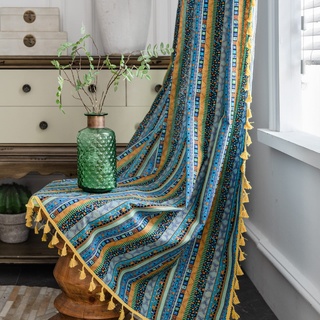 Freyamy Vorhang 180x150cm Boho Bunt Blau Baumwolle Leinen Landhausstil Vintage Vertikale Streifen Blickdicht Gardinen mit Beige Quasten 2er Set Geometrisch Makramee Verdunklungsvorhänge Bauernhaus