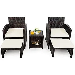 Generisch 5er Balkonmöbel Set, Gartenmöbel Rattan Möbel, Balkonset inkl. Rattantisch und Stühle, Polyrattan Lounge Set mit Sitzkissen & Ottomane, Terrasse Sitzgruppe Sitzgarnitur Innen Outdoor (Weiß)