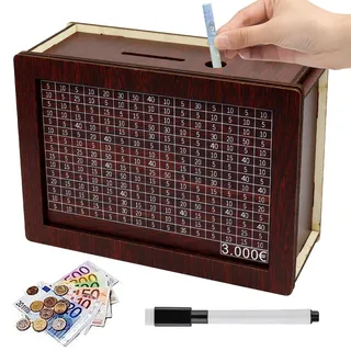 Spardose aus Holz, Sparbox mit Ziel, Sparschwein, Sparbox, Retro Sparbüchse Aufbewahrungsbox, Spardose mit Sparziel und Zahlen zum Ankreuzen, für Erwachsene mit Sparziel(3000€)