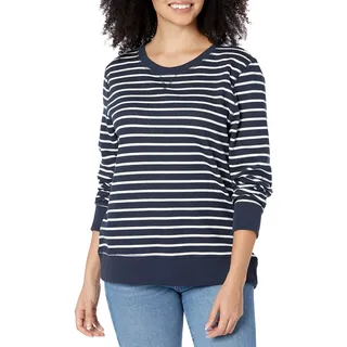 Amazon Essentials Damen Sweatshirt aus French-Terry-Fleece mit Rundhalsausschnitt (Erhältlich in Übergröße), Marineblau/Weiß gestreift, L