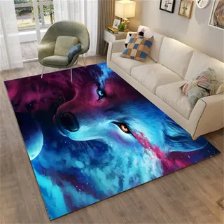 PEIHUODAN 3D Tier Teppiche Wohnzimmer Teppich Löwe Wolf Tiger Fantasietier Kinder Schlafzimmer Teppich Anti-Rutsch Baby Krabbeln Bodenmatte Kinderspiele Teppich Pads Fußmatte (Blau,120 x 180 cm)