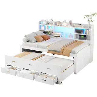 Flieks Tagesbett 90x200cm Weiß LED Schubladen Usb-C Nachttisch Klappbar Ausziehbar , Holz , 90x200 cm , Schlafzimmer, Betten