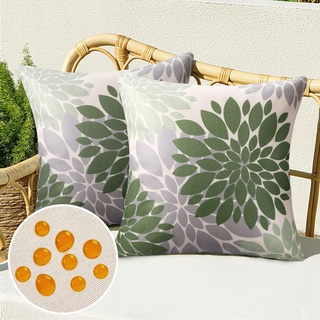 Kissenbezug 40x40 Frühling Sommer Grün wasserdichte Sofakissen Dekokissen Kissenhülle Leinen Outdoor Kissen Bezug Blumen Boho Deko Zierkissen für Sofa Couch Wohnzimmer 2er Set