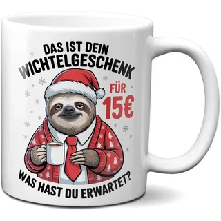 TassenKing Faultier Tasse: Das ist Dein Wichtelgeschenk für 15 Euro - Kaffeetasse lustig mit Spruch zum Wichteln als Geschenk für Kollegen (Weiß) V2