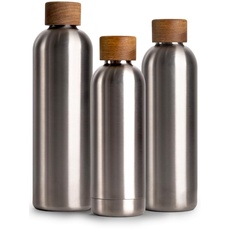 Bild Edelstahl Trinkflasche 500ml, Thermosflasche 0.5l mit Akazienholz Deckel, Isolierte Wasserflasche auslaufsicher bei Kohlensäure, Isolierflasche 500 ml - Silver