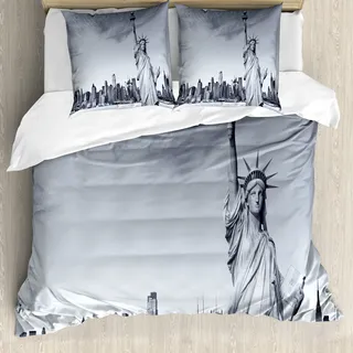 ABAKUHAUS New York Skyline Bettbezugs Set Für Doppelbetten, Graustufige Foto, Milbensicher Allergiker geeignet mit Kissenbezügen, Hellgrau Weiß und Anthrazit grau - Grau