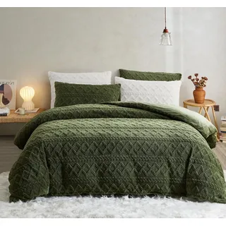 Sedefen Flauschig Bettwäsche 200x200 cm Grün Biber Flanell Fleece Geometrischmuster Cashmere Touch Winterbettwäsche Warme Sherpa Bettbezug und 1 Kissenbezug 80x80cm mit Reißverschluss