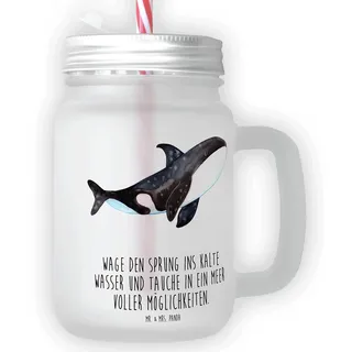 Mr. & Mrs. Panda Trinkglas Mason Jar Orca - Geschenk, Cocktail-Glas, Retro-Glas, Meer, Orcas, Henkelglas, Killerwal, Urlaub, Meerestiere, Motivation