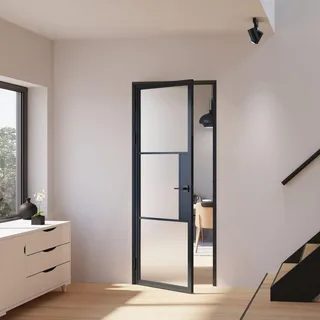 inova Loft-Glastür 830 x 2115 mm, DIN Links, 3 Felder satiniert, Stahlrahmen Schwarz, Komplettset mit Zarge und Türklinke mit Schloss - Schwarz