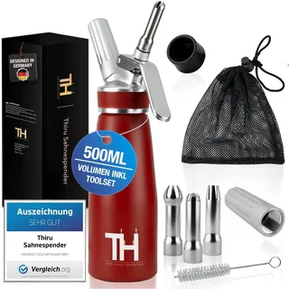 Thiru Sahnespender inkl.Toolbox - Note "sehr gut" -100 Tage testen - Sahnesyphon mit eBook & 3 Edelstahl Tüllen - Sahnesyphon für Schlagsahne, Espuma & warme Speisen (Rot)