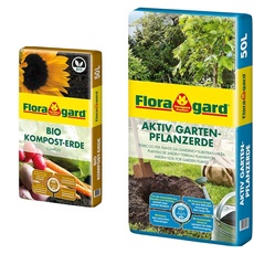 Floragard Bio Kompost-Erde 50 Liter – Pflanzerde für Blumen, Gemüse und Gehölze & Aktiv Garten-Pflanzerde 50 Liter - Erde mit Langzeitdünger zum Pflanzen von Gehölzen, Sträuchern, Hecken und Stauden