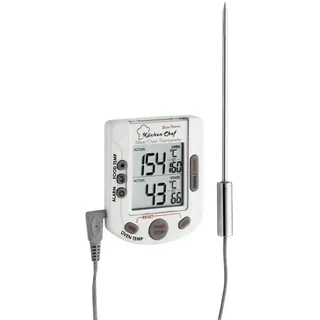 TFA Dostmann Küchen-Chef Duo-Therm Digitales Bratenthermometer Ofenthermometer, 14.1503, Kerntemperaturkontrolle, Fleischthermometer, Temperaturfühler, inkl Timer, für BBQ, Grill oder Smoker, weiß