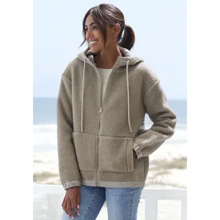 Fleecejacke ELBSAND, Damen, Gr. 36, grau (taupe), Fleece, Obermaterial: 100% Polyester, unifarben, gerade hüftlang, Bündchen, Jacken Fleecejacke, Übergangsjacke aus Teddy-Fleece mit verstellbarer Kapuze