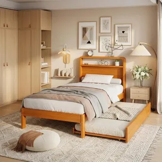 STILVORA Holzbett 90x200cm mit Ausziehbett 90x190cm und Gästebett, Doppelbett mit abgerundetem Kopfteil, Funktionsbett mit 2-in-1 Funktion,mit zwei Matratze - Naturbelassen