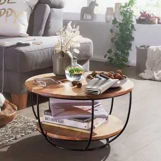 FineBuy Couchtisch Akazie Massivholz rund 60cm · Wohnzimmertisch mit Ablage · Handgefertigt · Metallgestell in Schwarz · Moderner Industrial Sofatisch - Braun