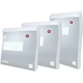 BORA Vakuumierbeutel Set, 5 x 0,6 Liter, 5 x 1,5 Liter, 5 x 2,1 Liter, Vakuumbeutel, 15 Stück, für BORA QVAC Vakuumiergerät, Mehrwegbeutel, Lebensmittelaufbewahrung, Sous-vide-Garen, Transparent