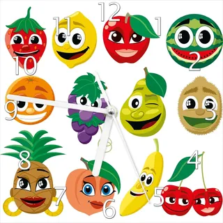 Wallario Design Wanduhr Obst-Smilies im Comic-Stil - Lustige Früchte aus Echtglas, Größe 20 x 20 cm - Weiß