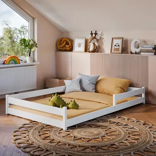Kinderbett Bodenbett Bett mit Rausfallschutz & Lattenrost Montessori Bett Kinder Jugendbett Einzelbett optional mit Matratze | weiß Kiefer 120x200 cm - Weiß