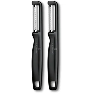 Victorinox Sparschäler "Iota", Schäler für Gemüse, Obst, Zackenschliff, Zweischneidig, Extra Scharf, Swiss Made, schwarz (Packung mit 2)