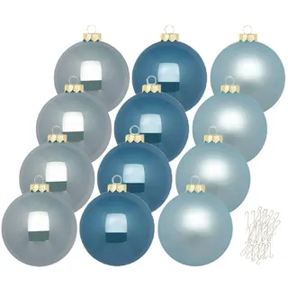Inge Glas große Weihnachtskugeln mit Haken | Christbaumkugeln aus Glas | Set 12 Kugeln 8cm groß und 40 Aufhänger | Christbaumschmuck Weihnachtsbaumkugeln (Elysian Blue | blau)