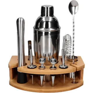 Whiskey Rocks 12-er Cocktail Shaker Set mit Bambusständer - Cocktail & Bar Zubehör - Paris Shaker 750 ml - Barkeeper Set - Bar Set - Cocktail Messbecher & Stößel - Barlöffel - Edelstahl - Silber