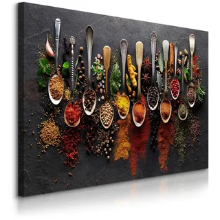 Muralo Leinwandbild Für Küche Gewürze Besteck Kräuter Natur 3D 90x60 , Rot, Grün, Schwarz, Weiß, Beige, Braun, Orange, Grau , Textil , Essen/Getränk, Orientalisch , Rechteckig , 90x60 cm , Bilder & Rahmen, Bilder, Leinwandbilder