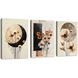 3Pcs Beige Geometrisch Blumen Leinwandbilder Bilder mit Rahmen Botanisch Baumwolle Eukalyptus Blatt Wandbilder Pflanzen Blumen Modern Bild Auf Leinwand Deko für Wohnzimmer Schlafzimmer Küche 30x40cmX3