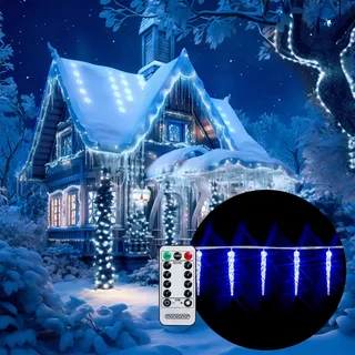 MONZANA® LED Eiszapfen Lichterkette 80 Eiszapfen blau Fernbedienung 8 Leuchtmodi Timer Innen Außen Weihnachtslichterkette - Blau