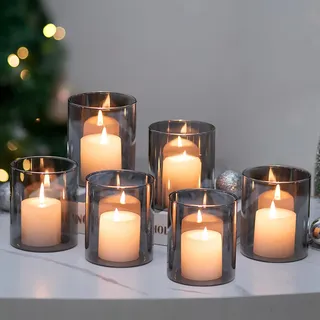 Hewory 6 Windlicht Glas Schwarz Kerzengläser für Wohnzimmer Modern Deko | 10cm Höhe, Teelichthalter Tischdeko Set für Garten Terrassen, Kerzenständer Outdoor Party Glaszylinder für Kerzen