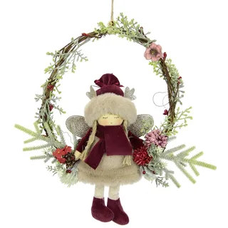 Dekorierter Kranz aus Rattan mit Elfe mit Tannenzweigen Dekozweigen Kunstblumen Beeren Weihnachtskranz Kranz für Tür Wand Adventskranz Kränze Dekokranz Deko Weihnachtsdeko Türdeko