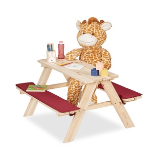 Relaxdays Kindersitzgruppe Garten, Picknickbank, Kinder, HBT: 50x89x79 cm, Auflagen, Kindersitzgarnitur, Holz, Natur/rot, Baumwolle, 50 x 89 x 79 cm