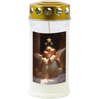 Grabkerze - Gedenkkerze Motiv Drei Engelchen 70-90 Std. Brenndauer Trauerkerze - Langlebig, 100% Pflanzenöl, Weiß mit Golddeckel TLB